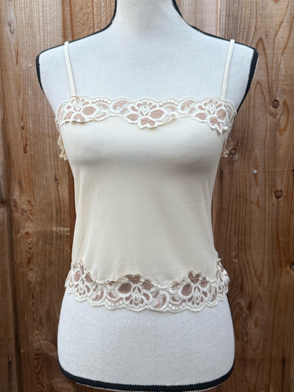Rampage Sheer Cream Lace-Trim Spaghetti Strap